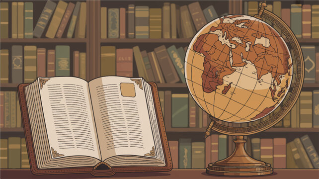 Vintage globe and open book on wooden desk against a backdrop of old bookshelves filled with leather bound volumes evoking a sense of classic learning and exploration