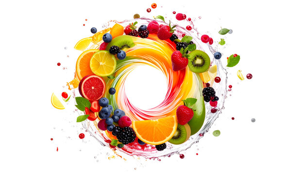 Fresh Mixed Berry and Citrus Fruit Slices Splashing in Water Circle Frame Isolated on White Background for Healthy Summer Juice Concept