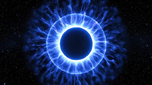 A stunning cosmic view features a glowing, ring-shaped nebula of bright blue hues surrounding a dark sphere amidst a star-studded expanse