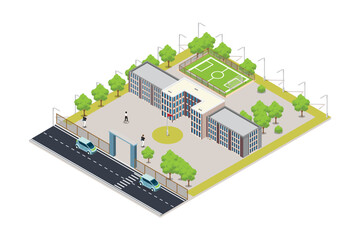 Vector isometric icon or infographic element representing low poly school or university building with sport stadium on the schoolyard 