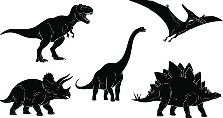 Dinosaur silhouettes including T. rex, Triceratops, Brachiosaurus, Stegosaurus, and Pteranodon, prehistoric wildlife vector artwork design collection © MstHena
