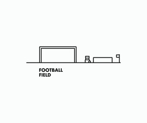 Minimal football field logo design with goalposts ballboy chair and corner flag linear style vector illustration © Royan