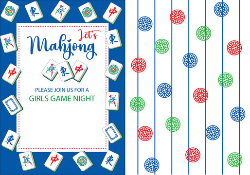 Mahjong Girls Game Night Invitation Template with Traditional Tiles and Patterns, Vector Design for Social Event or Party.