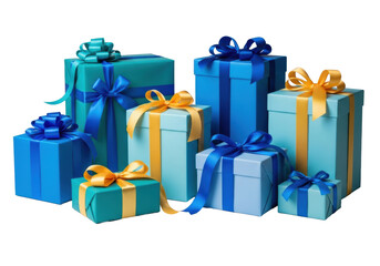 multiple luxurious, meticulously wrapped gift boxes in vibrant shades of blue and gold satin ribbons, artfully stacked on a smooth white surface against a transparent background. concept for festive