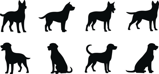 Obraz premium Dog vector illustration, eight silhouette designs, standing and sitting poses artwork, decorative pet clipart, animal inspired graphic collection