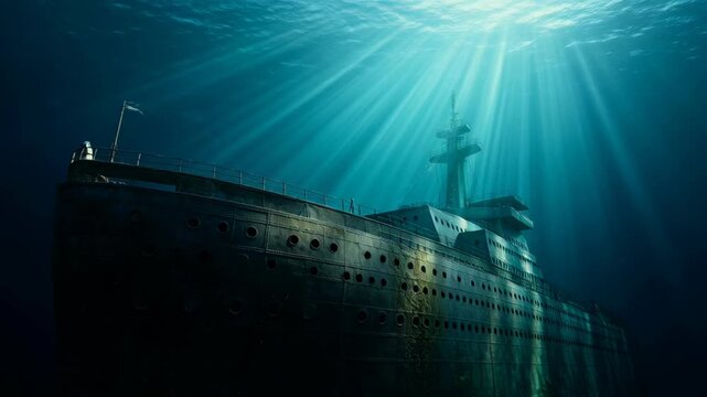 Sunken Titanic Shipwreck Resting on the Ocean Floor with Light Rays Penetrating the Deep Blue Sea