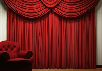 The elegance of blue velvet cinema curtains illuminated by soft spotlights.