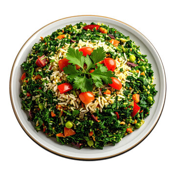 Vibrant vegetarian salad with rice tomatoes and fresh parsley on a plate isolated on white background