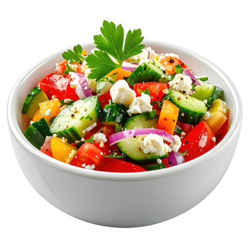 Vibrant greek salad in white bowl with feta parsley and fresh vegetables isolated on white background