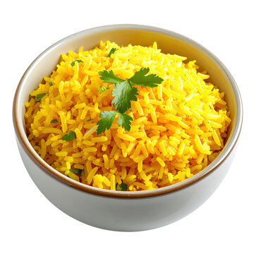 Vibrant yellow rice with parsley in a ceramic bowl isolated on white background