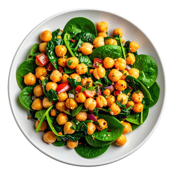 Vibrant chickpea and spinach salad with red pepper and onion in white bowl isolated on white background