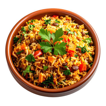 Rice and lentil pilaf with vegetables in a rustic brown bowl isolated on white background