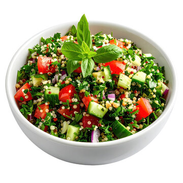 Vibrant tabbouleh salad with basil garnish in white bowl isolated on white background