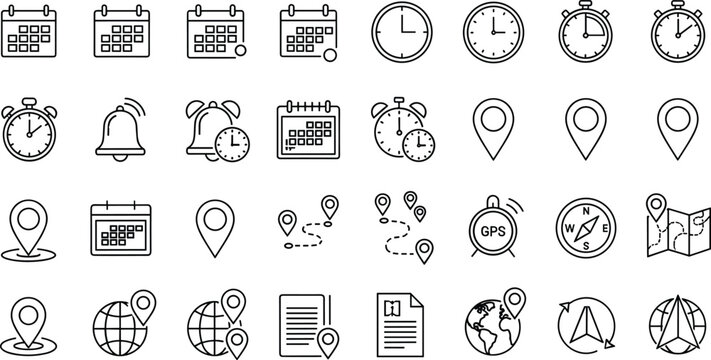 Calendar, Alarm Clock and GPS Location Line Icons Set with Map Pins, Globe, Navigation and Time Management Vector Collection