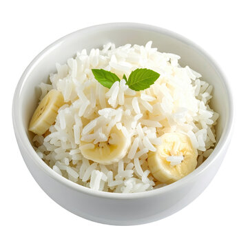 White rice with banana slices and mint leaf in a white bowl isolated on white background