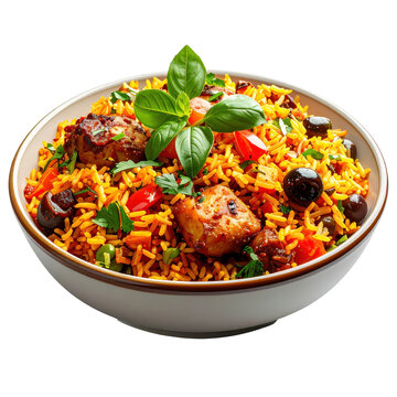 Vibrant bowl of saffron rice with chicken olives and fresh basil isolated on white background