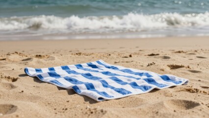 Striped Towel On Warm Sand Overlooking Gentle Waves, Soft Golden Light, Scattered Footprints, Breezy Coastal Air, Invitation To Unplug And Daycation, Minimalist Beach Mood For Mindfulness