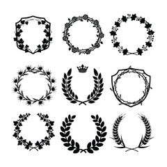 Obraz premium Vintage logo design vector set of decorative laurel wreath frames and ornate floral border classic illustration black silhouette on white background