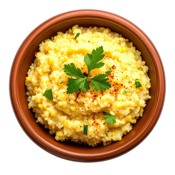 Creamy corn and rice dish garnished with parsley in rustic bowl top view isolated on white background