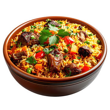 Delicious indian biryani rice dish with tender meat and fresh herbs in bowl isolated on white background