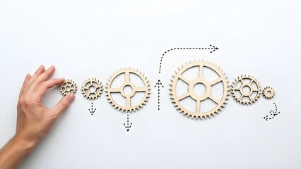 A hand places a small wooden gear into a sequence of interconnected gears on a white background, illustrating a process or system.