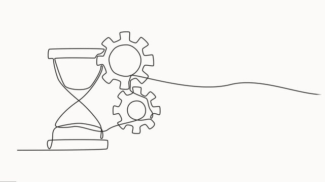 Minimalist One Line Hourglass Drawing gear animation, Business gear doodle line with teamwork concept, Clock gear icon. Business vector design, Hourglass with gear animation continuous single line.