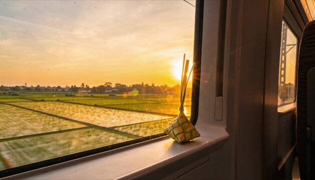 cinematic train window view with ketupat at sunset perfect for islamic celebrations