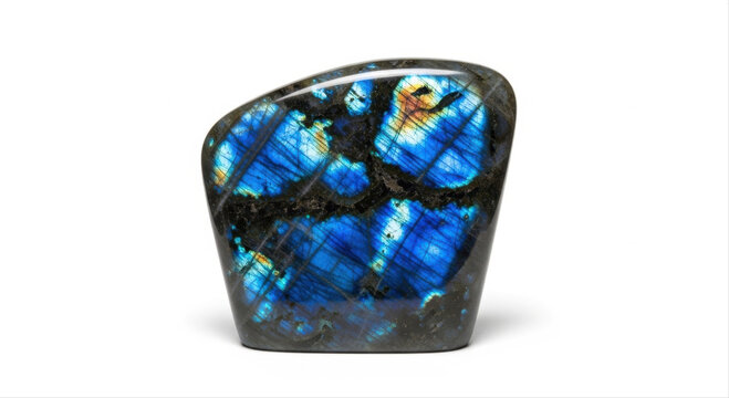Vibrant labradorite slab with iridescent blue hues isolated on a pristine white background, showcasing its polished surface and natural mineral patterns