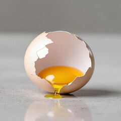 Broken Egg with Yolk Dripping Onto Surface