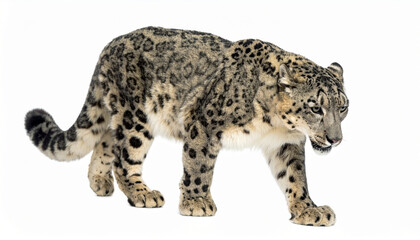 Naklejka premium A majestic snow leopard walks towards the right against a white background, showcasing its spotted fur.