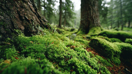 Fototapeta premium Macro close-up of vibrant green moss covering forest floor and tree trunks, showing natural textures, fine details, and soft organic growth patterns in nature.