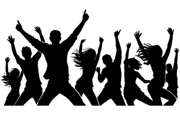 Fototapeta premium A dynamic vector silhouette of a cheering crowd of young people dancing and celebrating. This energetic group illustration captures the excitement of a music festival, concert, or party