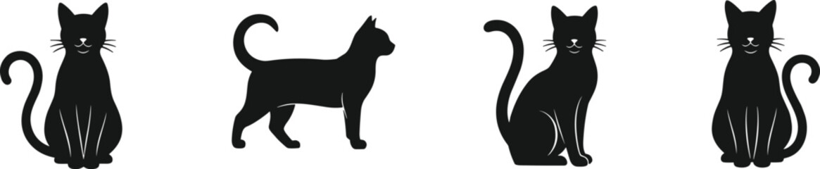 Fototapeta premium Cat silhouettes in different poses, sitting and standing figures, decorative black animal illustration, nature inspired vector art for design projects