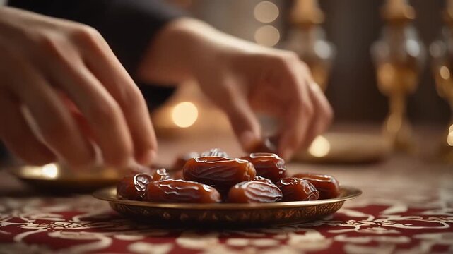 Ramadan iftar table setup with dates, warm lighting, and festive decor