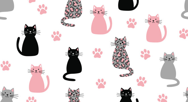 Cartoon cats vector illustration, playful paw prints artwork, colorful feline design, decorative animal clipart, whimsical pattern for textiles