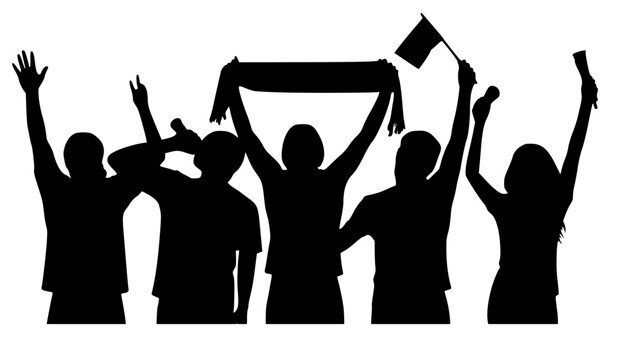 Vector silhouette of enthusiastic sports fans cheering with a scarf, flag, and megaphone. Group of supporters celebrating a victory or goal at a stadium or arena match.