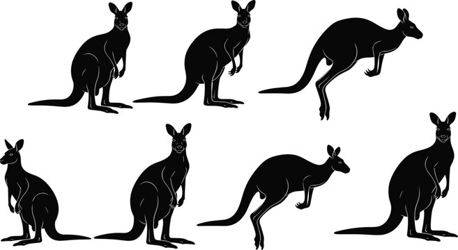 Black kangaroo silhouettes in dynamic poses, standing and jumping positions, abstract wildlife grid design, creative animal artwork, modern vector illustration background
