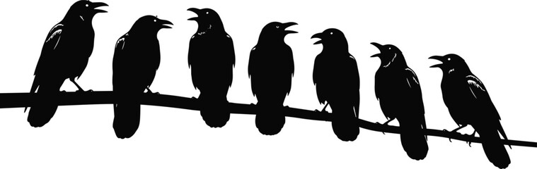 Fototapeta premium Crow silhouettes perched on branch vector illustration, ravens in row, vocalizing birds, wildlife posture, social behavior, animal communication artwork