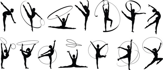 Rhythmic gymnastics silhouette illustration set, graceful female athletes performing ribbon hoop routines, elegant sport dance poses, black white vector collection © MstMonowara