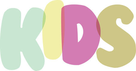 Kids word written in colorful bubbly font featuring pastel green yellow pink and tan overlapping letters for children art