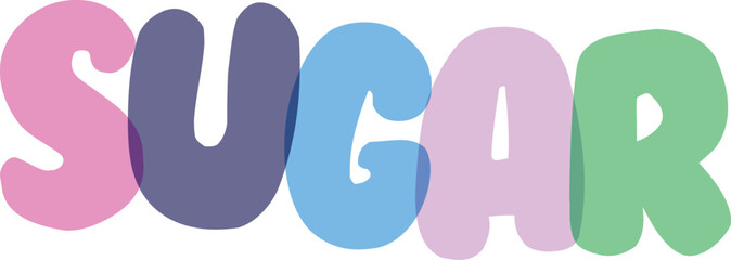 Obraz premium Sugar word text art with vibrant pink blue and purple overlapping bubble letters for sweet confectionery branding design