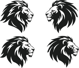 Lion head silhouettes in profile view, decorative black mane illustration, wildlife inspired vector art for strength and leadership design projects © MstHena