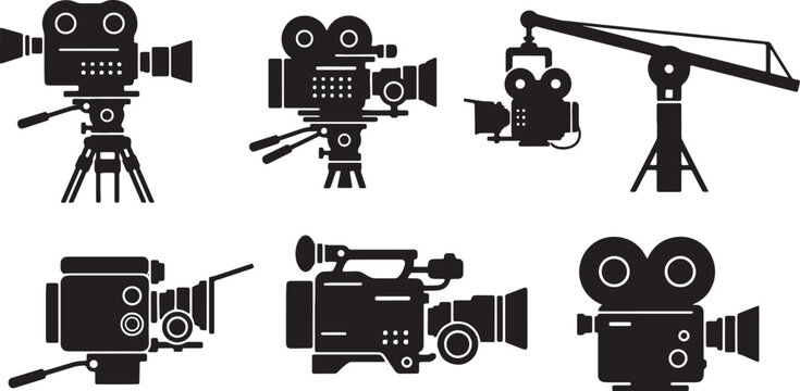 Black Solid Film Set Camera Silhouettes Set of Six on White Background