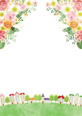 ブーケと街並みイラスト、春、かわいい、縦、水彩