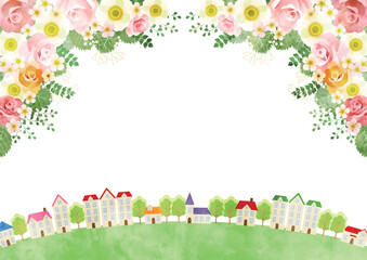 ブーケと街並みイラスト、春、かわいい、横、水彩