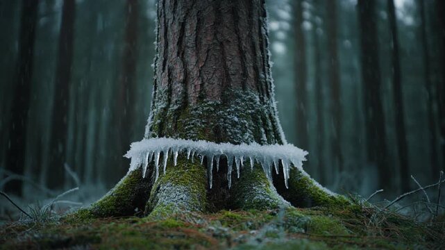 A frosty border encircles the base of a mossy tree trunk in a misty forest.