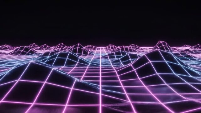 Vibrant Neon Grid Landscape with Purple and Blue Hues.