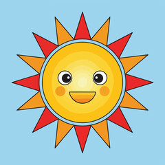 A cartoon sun with a smiling face and rays on a bright blue background