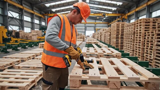 Worker assembling wooden pallet with power drill in industrial factory workshop construction and manufacturing process