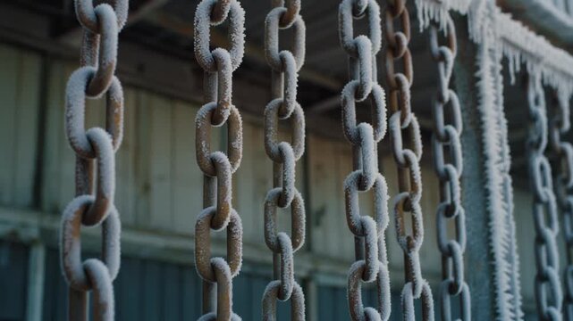 Frozen chains hang in front of a rustic wooden building with a frost border